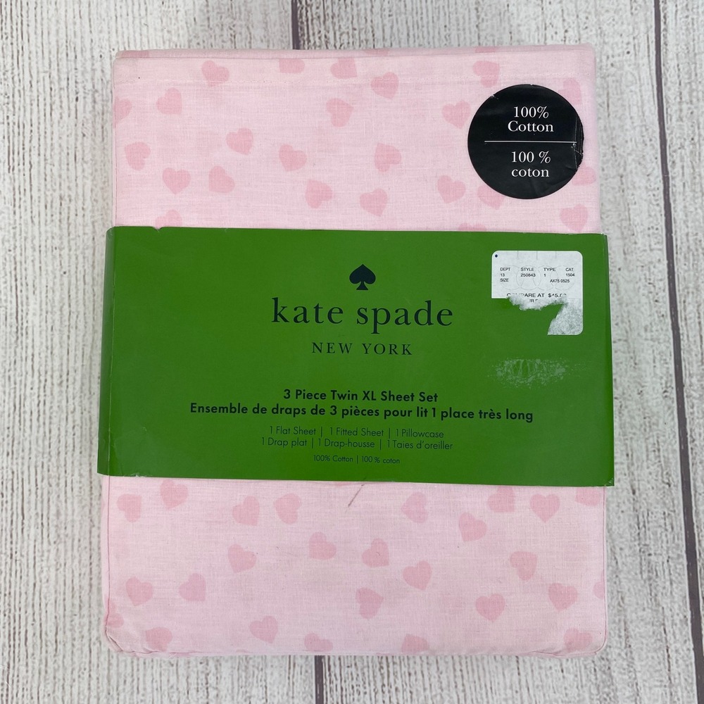 Kate Spade Sheet Set Twin XL Chalk Pink Scattered Hearts 100% Cotton Girly